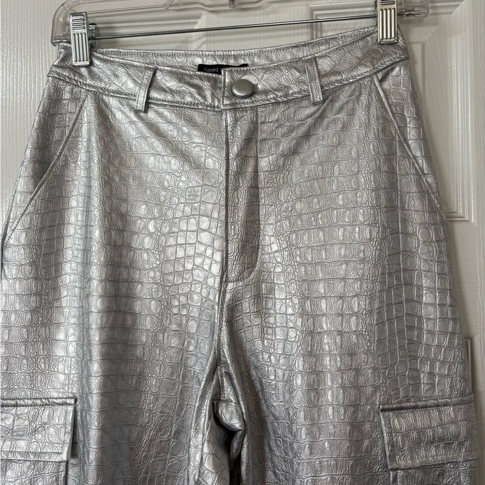 NAKED WARDROBE The Crocodile Faux Leather Joggers Metallic Silver Size Small NWT - Picture 3 of 13
